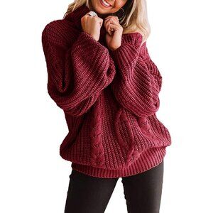 Casual Wine Red Plus Size Chunky Knit Jumper with Long Lantern Sleeves